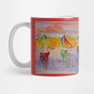 Colourful Sailing boats under a Sun set Sky Mug